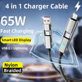 4 in 1 LED Display Multi Charger Cable - Dual USB C/USB A/Lightning Fast Charging Cable - 65W