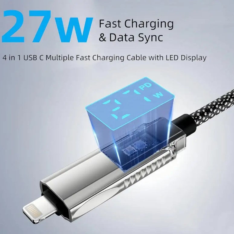 4 in 1 LED Display Multi Charger Cable - Dual USB C/USB A/Lightning Fast Charging Cable - 65W