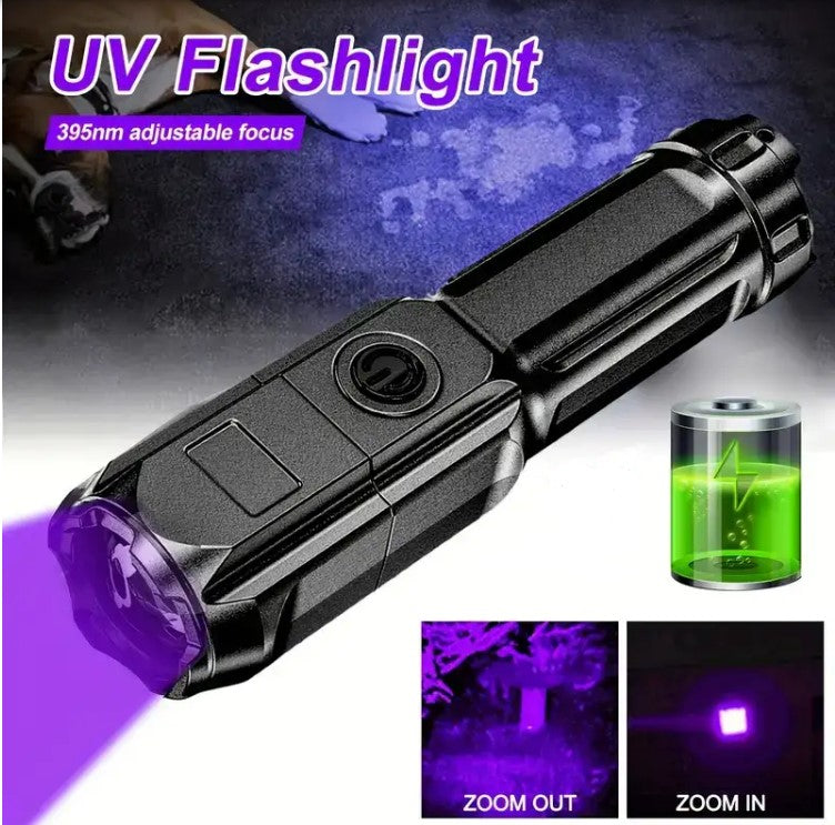 UV Flashlight UV395NM Rechargeable Torch 3 Modes